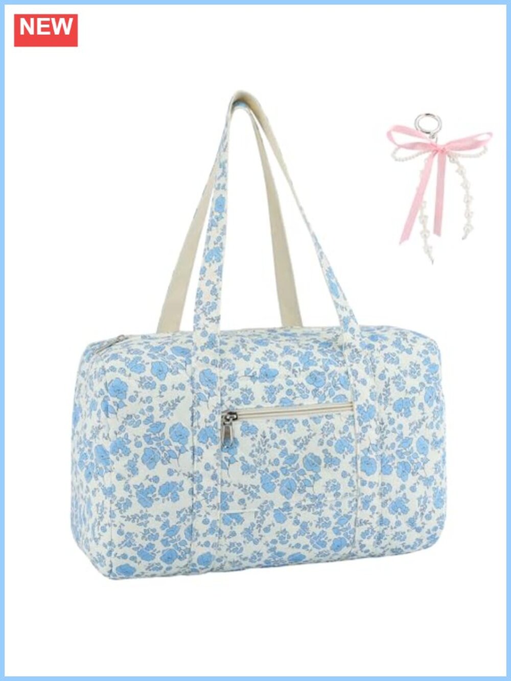 Quilted Floral Shoulder Bag with Bow Pearl Keychain Puffer Tote